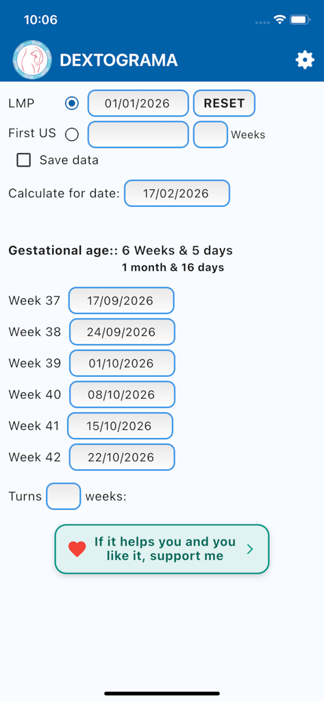 Dextograma - Interfaz de la aplicación Dextograma que muestra el cálculo de la edad gestacional en semanas y días basado en la última menstruación con fechas futuras de hitos.