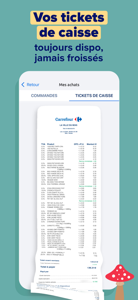 Carrefour & sa carte Club - A digital grocery receipt displayed on a smartphone screen within the Carrefour mobile application