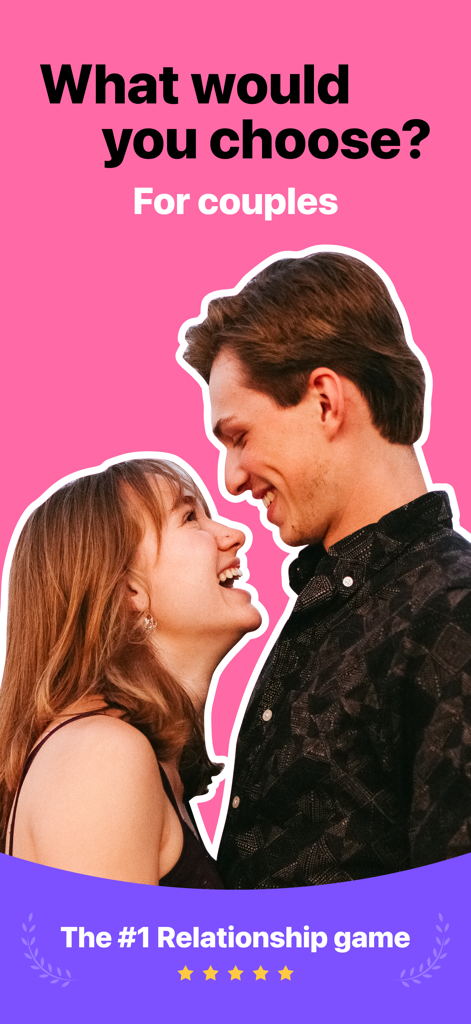 QinQai: Choose One for Couples - Um jovem casal feliz sorrindo um para o outro em um fundo rosa para o jogo de relacionamento QinQai