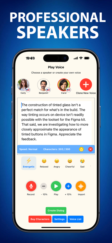 Interfaz de la aplicación Fake Voice que muestra opciones para locutores de IA profesionales y ajustes de tono emocional para texto a voz.