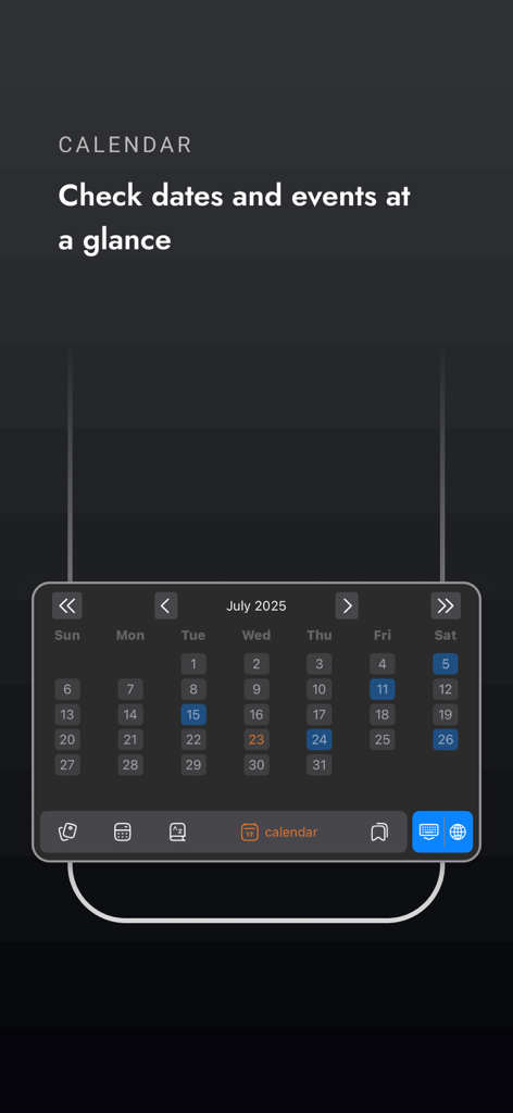 Teclado FlexiBoard mostrando un calendario integrado para consultar fechas y eventos sin cambiar de aplicación.