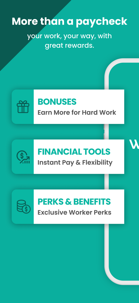WorkWhile - WorkWhile app screen highlighting worker bonuses financial tools and exclusive perks