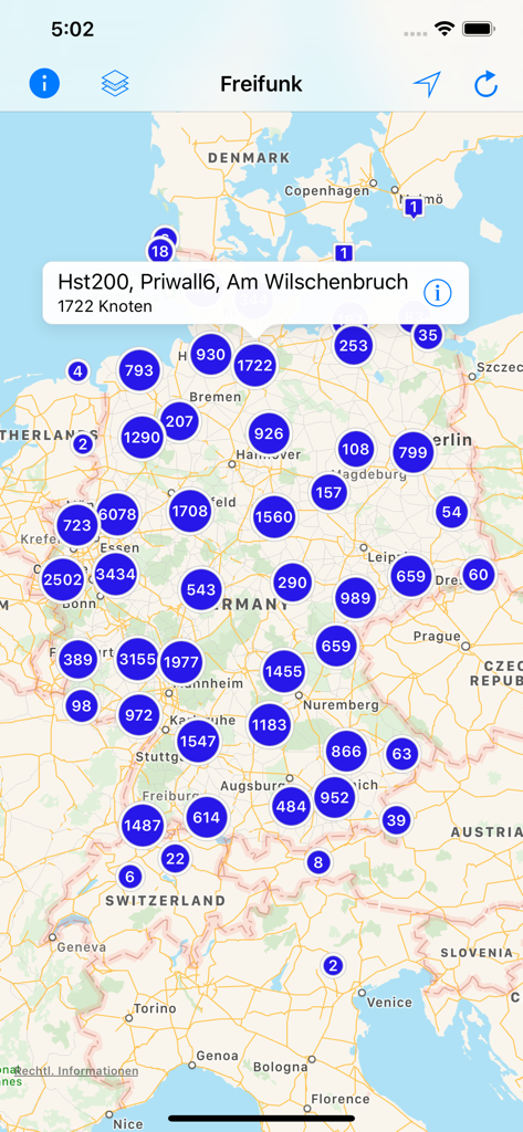 Freifunk - Map of the Freifunk app showing clusters of community-driven Wi-Fi nodes across Germany