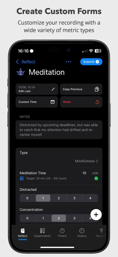 Smartphone screen of the Reflect app showing a customizable meditation tracking form with sections for notes time and ratings for distraction and concentration