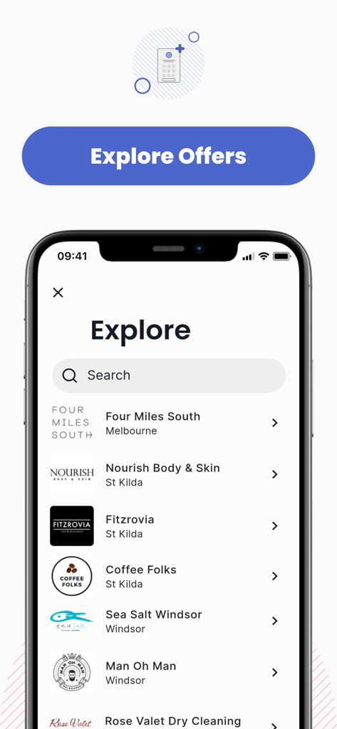 Stamp Me - A mobile app screen titled Explore showing a list of local businesses for loyalty rewards like cafes and beauty salons