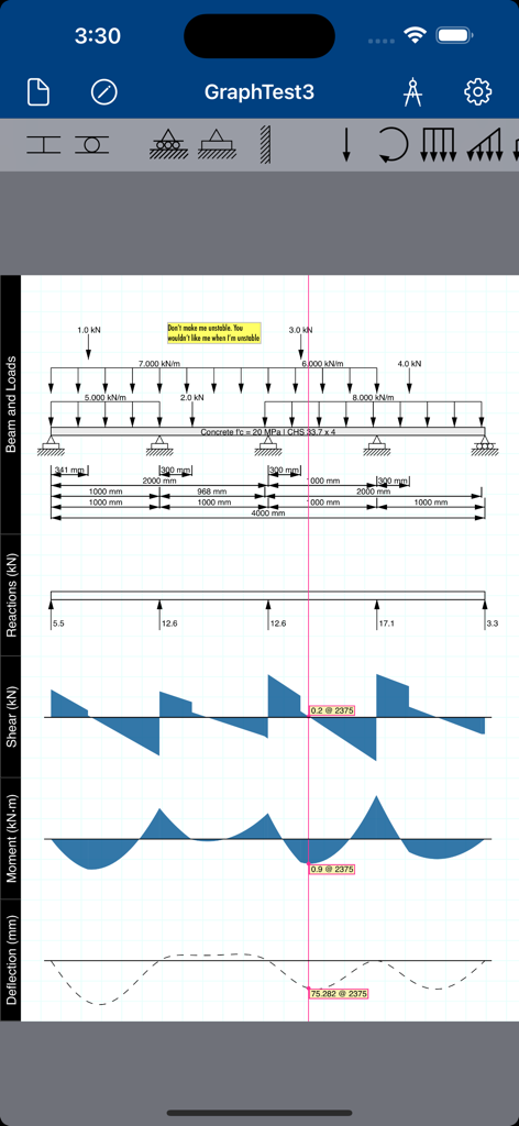 iBeams Pro - Structural beam analysis showing shear moment and deflection diagrams
