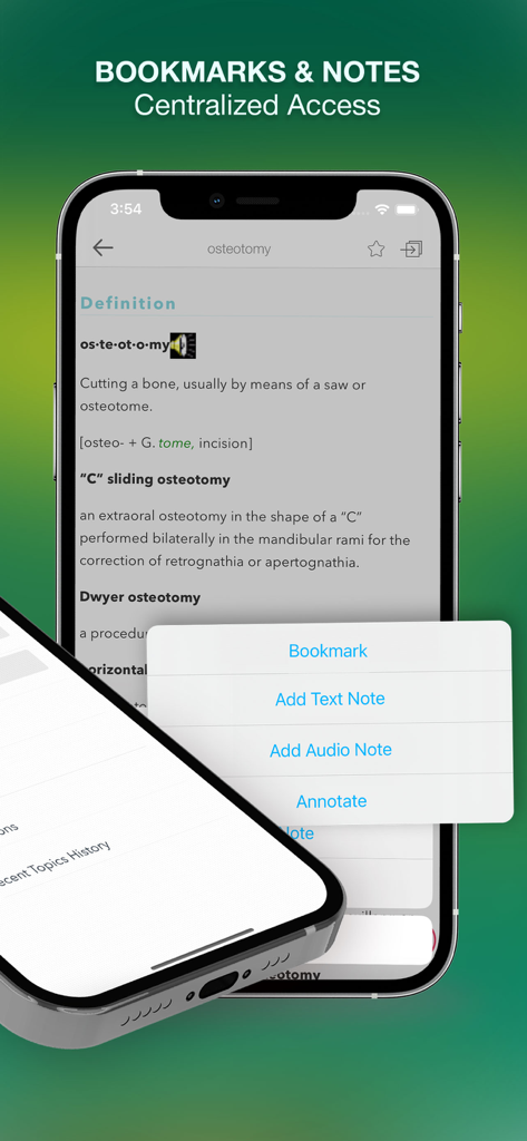 Stedman's Medical Dictionary + - Stedmans Medical Dictionary app showing bookmarks and notes features for medical terms