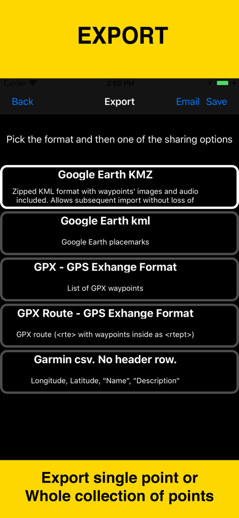 Planimeter 55 app export screen showing data format options including Google Earth KMZ KML GPX and Garmin CSV