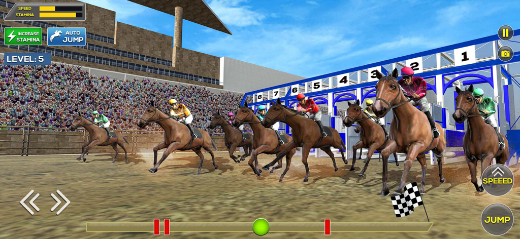 Escena de acción de múltiples caballos y jinetes comenzando una carrera desde las puertas en un estadio abarrotado