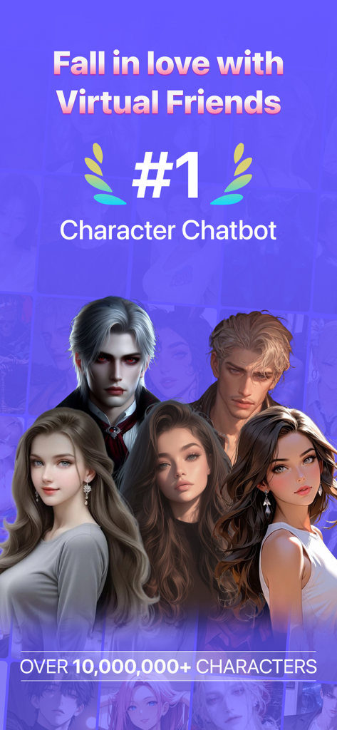 MeetAI app promotion showing various virtual characters and the text Fall in love with Virtual Friends