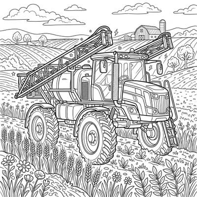 Explore the fascinating world of modern agriculture with this intricate field sprayer coloring page, perfect for teens. Unleash your creativity by bringing this powerful farm machine and its scenic surroundings to life.