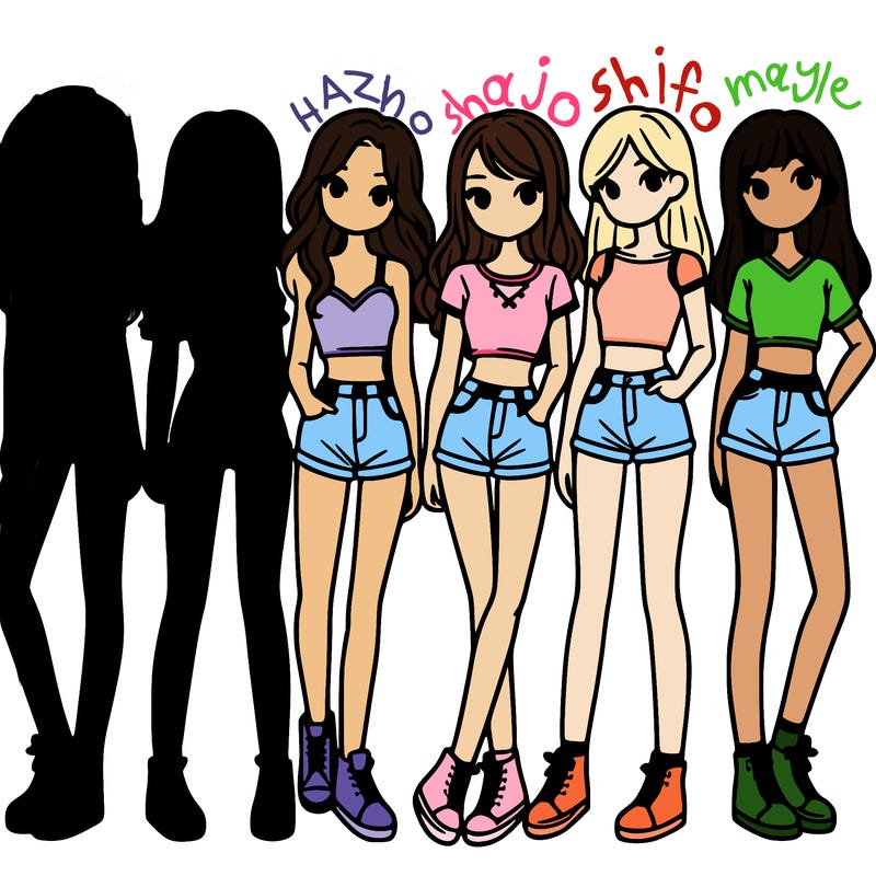 a group of girls wearing crop tops and shorts