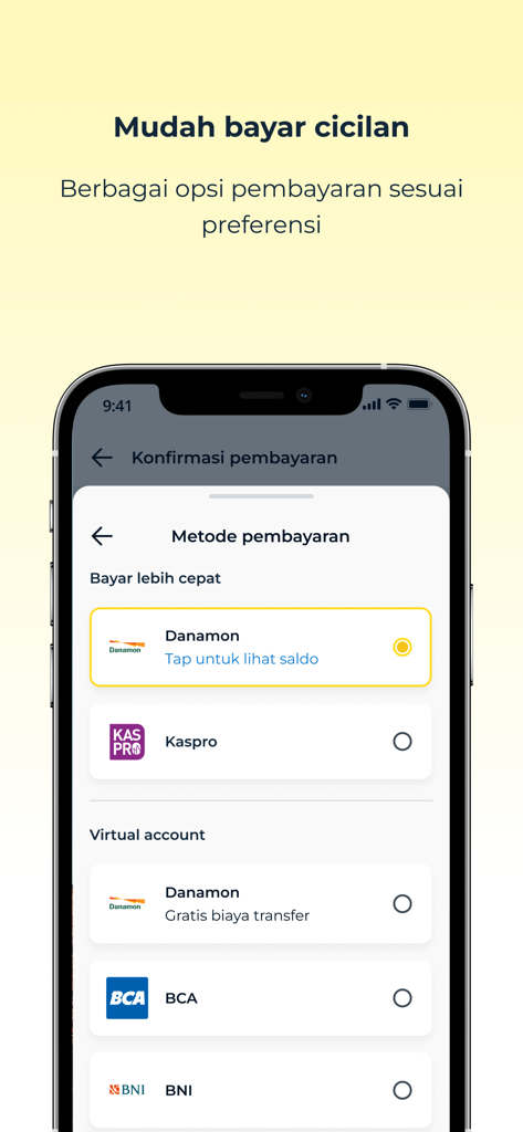 A mobile phone screenshot of the adiraku app showing the payment methods screen for installments with options for various Indonesian banks like Danamon, BCA, and BNI.