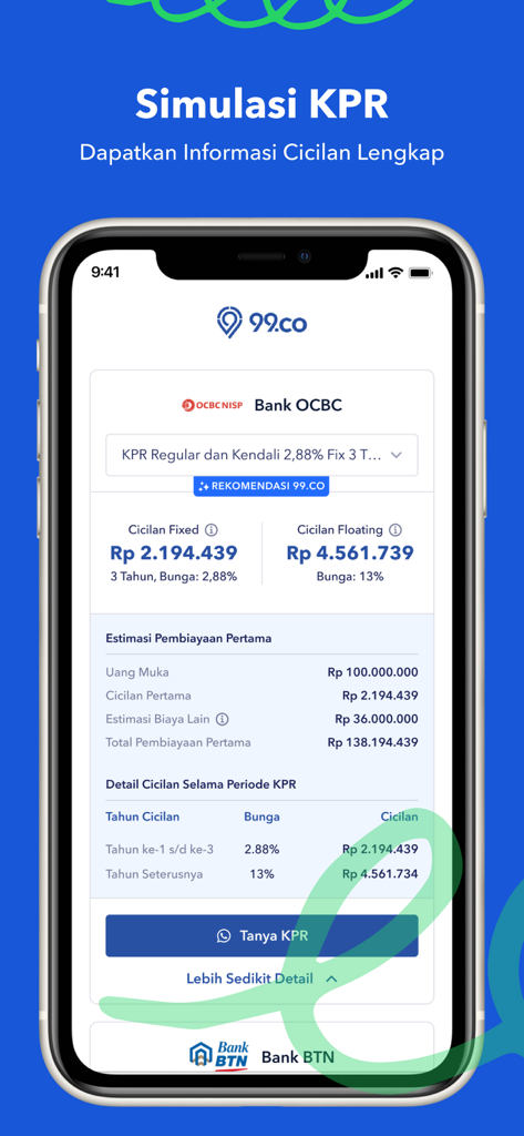 99.co Indonesia - 99.co Indonesia mobile app mortgage simulator showing bank installment details