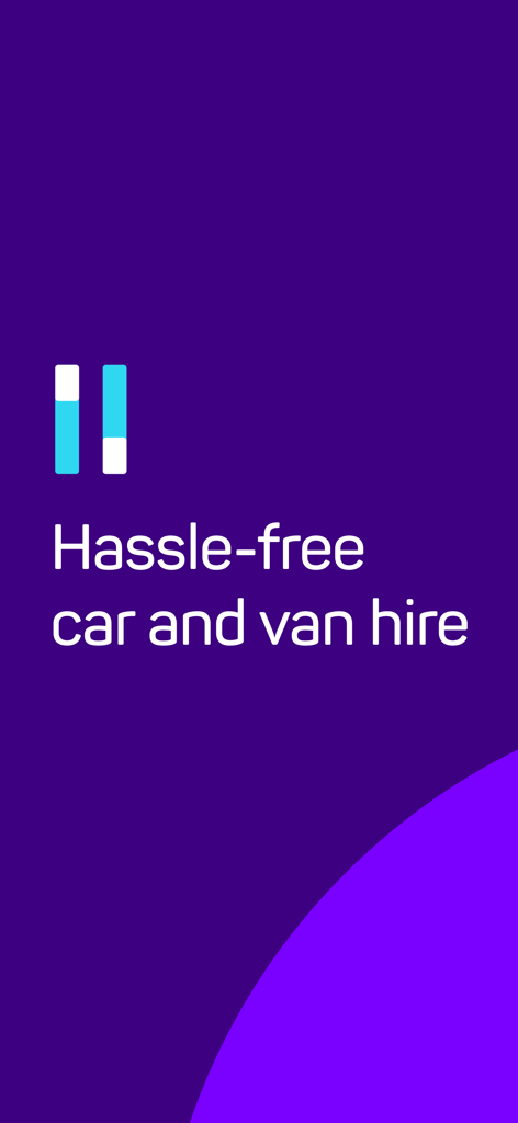 Hiyacar app screen showing the tagline Hassle-free car and van hire on a purple background
