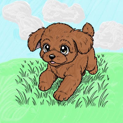 a girl toy poodle puppy running in a grass field