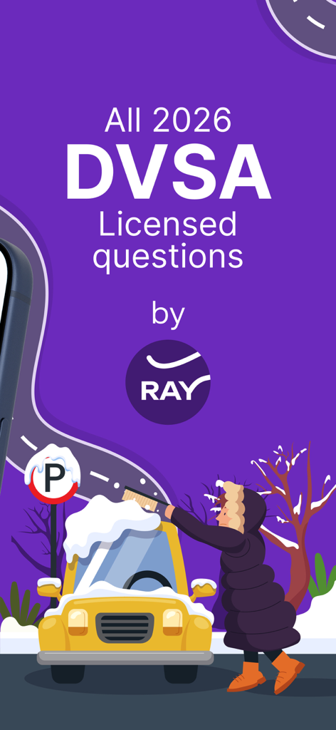Driving Test Theory Kit 2026 - Promo-Bild für Driving Test Theory Kit 2026 mit DVSA-lizenzierten Fragen und einer Winterauto-Illustration