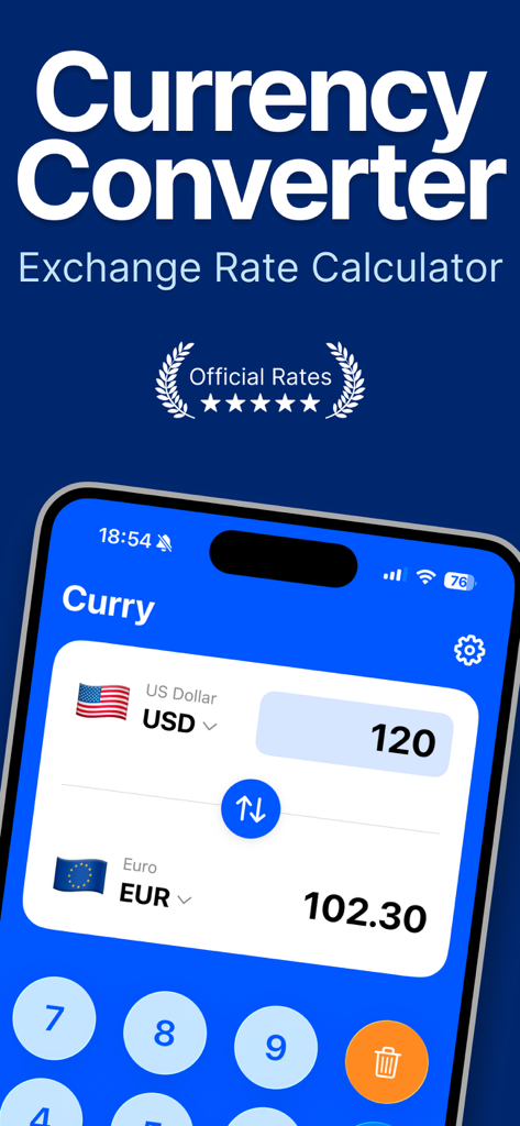 Currency Converter - Curry - Currency Converter Curry mobile app interface showing USD to EUR exchange rate conversion