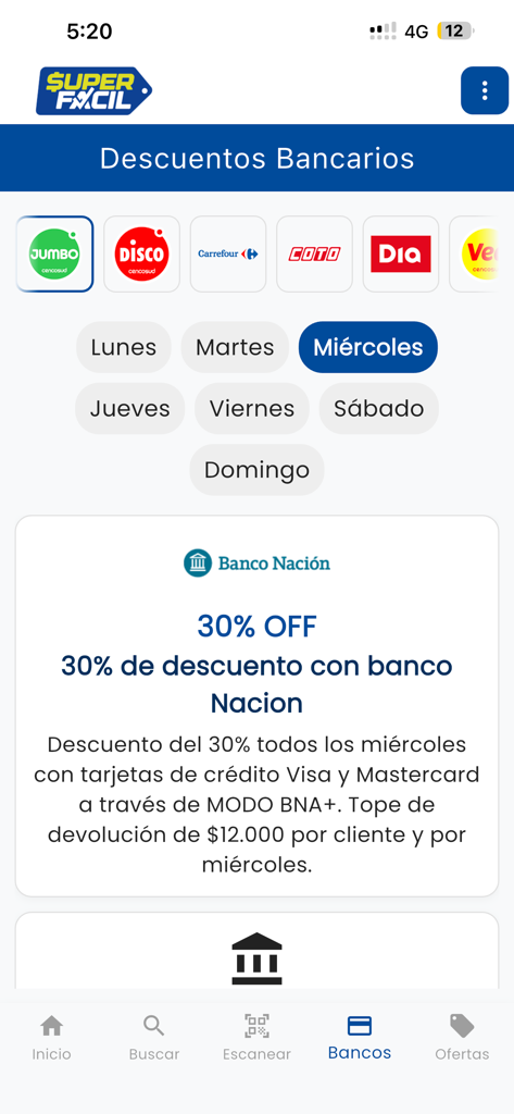 SuperFacil - SuperFacilアプリ画面に、アルゼンチンのスーパーマーケット向けの水曜日の銀行割引が表示されています