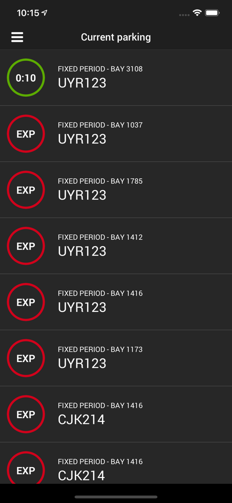 A mobile app interface showing current parking status with a countdown timer and list of expired parking sessions for multiple vehicles.