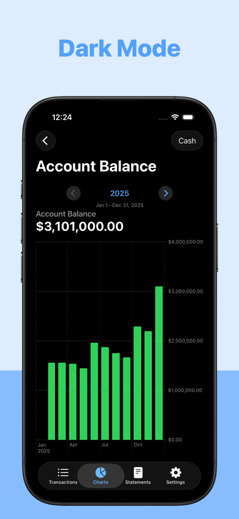 Small Business Accounting 2 - Small Business Accounting 2 app displaying an account balance bar chart in dark mode.