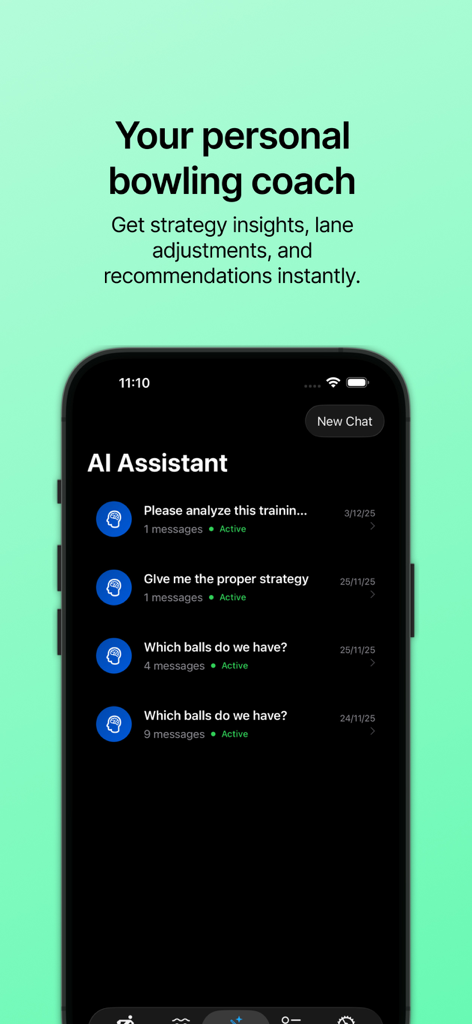 AI Bowling - AI Bowling app interface showing the personal coach AI assistant chat screen