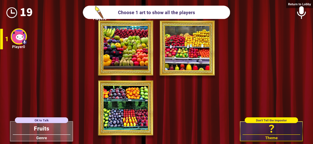 Interfaz de juego de AI Art Impostor donde los jugadores seleccionan arte de frutas generado por IA