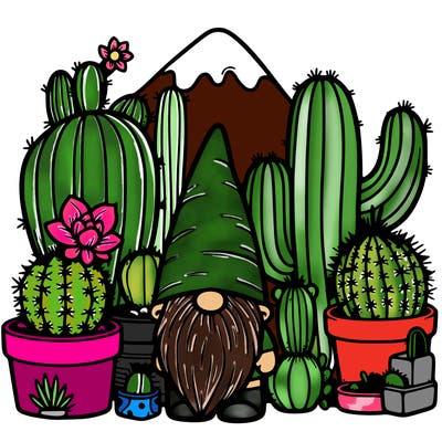 gnome and cactuses