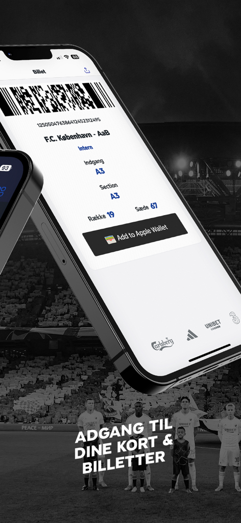 Digital match ticket in the F.C. Copenhagen app with a barcode and Apple Wallet button.
