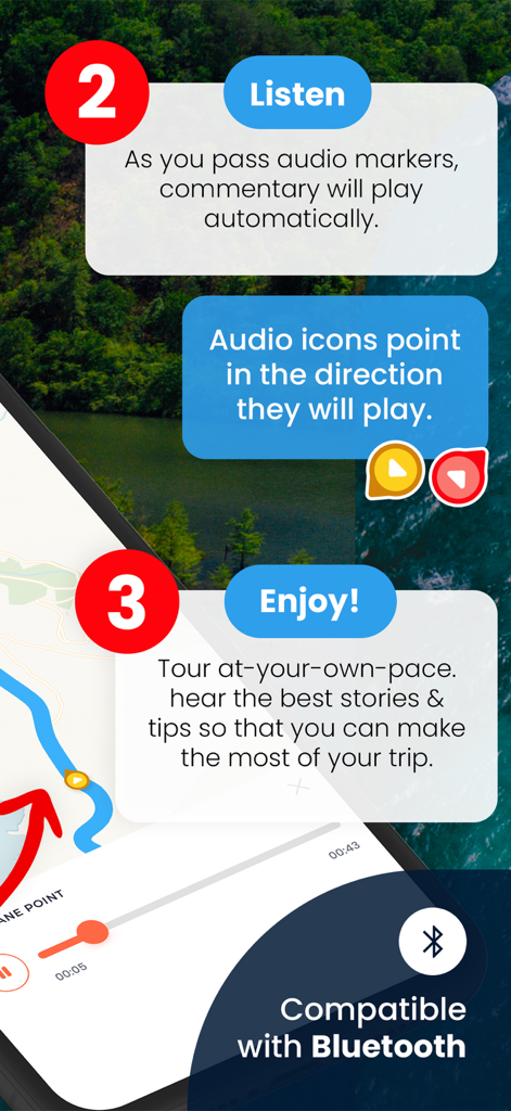 GuideAlong | GPS Audio Tours - A screenshot explaining how GuideAlong automatically plays audio tours based on location and its compatibility with Bluetooth.