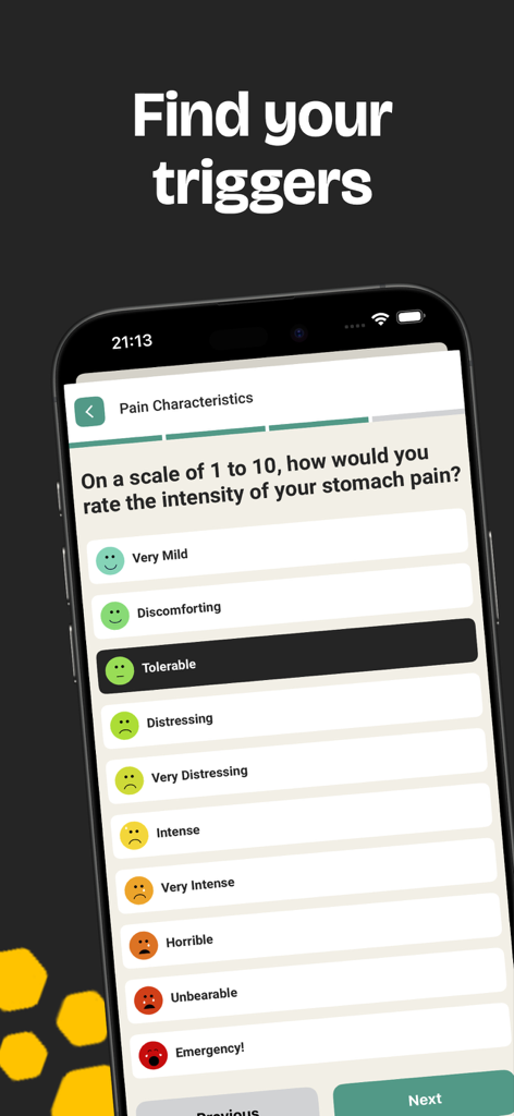 Stomach Ache Tracker Daily Log - Mobile app interface showing a 1 to 10 stomach pain intensity rating scale with descriptive labels and emojis