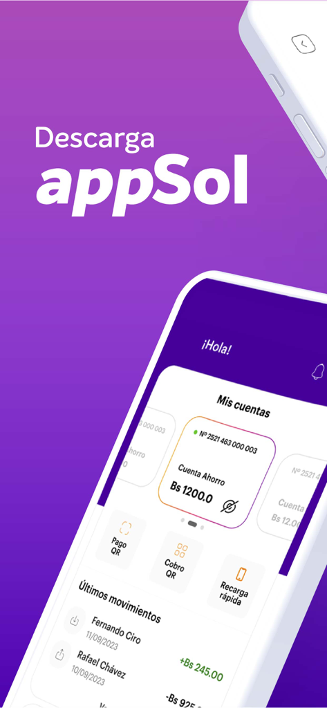 BancoSol - Mobile banking interface for BancoSol displaying account balance and QR payment options