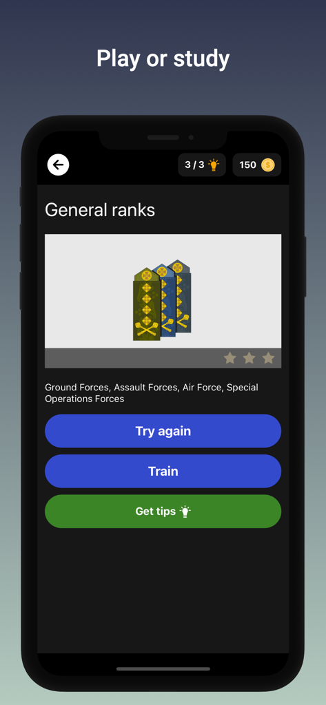 Mobile app interface showing Ukrainian general military rank insignia with options to train or get tips
