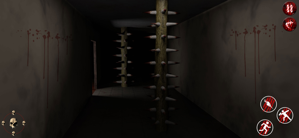 Un pasillo oscuro con pilares de madera con púas y salpicaduras de sangre en las paredes en Scary Granny Nun Chapter 2.