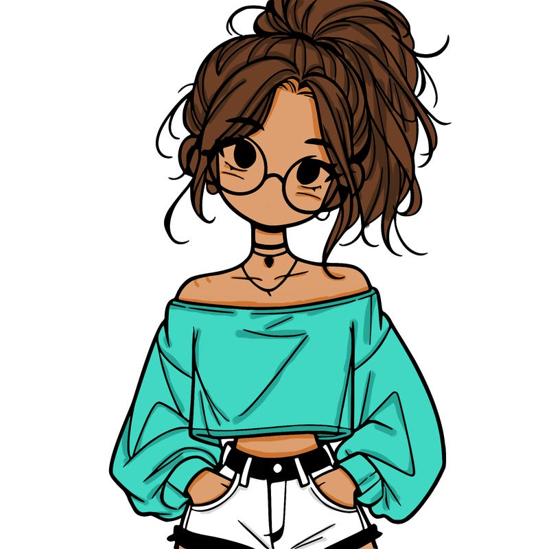 girl with a messy ponytail glasses a baggy crop top and jean shorts