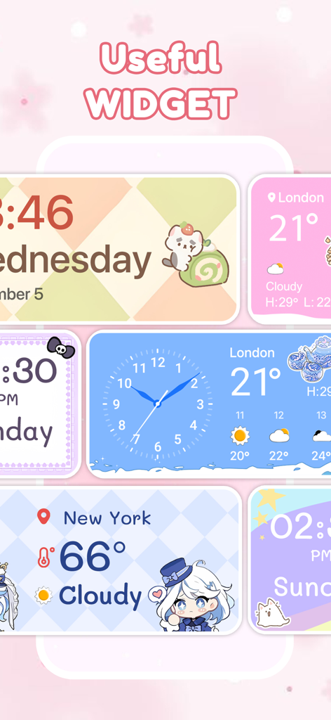 Widgets estéticos mostrando designs de clima e relógio com personagens de anime fofos