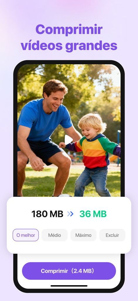 MediaClean: storage cleaner - MediaClean app screen showing a video file size reduction from 180MB to 36MB using compression tools