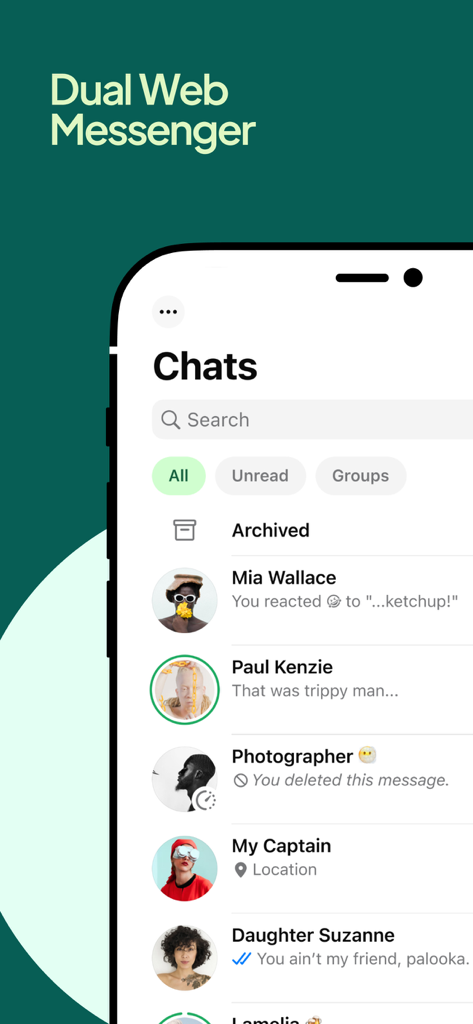 iPhone 화면에 연락처 목록과 최근 메시지가 표시되는 Dual Web Messenger의 모바일 앱 인터페이스.