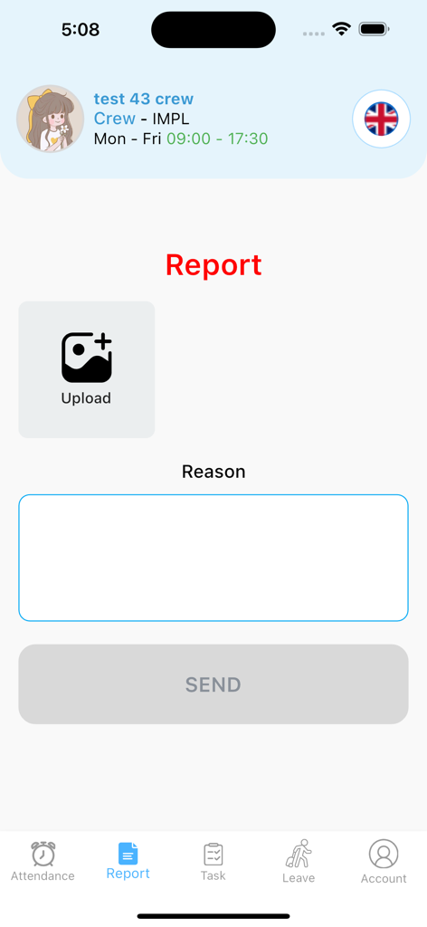 IMPL ERP - Interfaz de la pantalla de envío de informes de IMPL ERP que muestra la carga de fotos y los campos de entrada de motivo