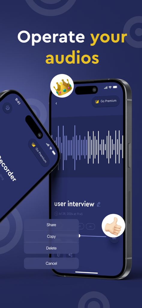 Screenshot dell'app Registratore Chiamate che mostra una forma d'onda di registrazione audio e un menu di gestione con opzioni di condivisione e copia.