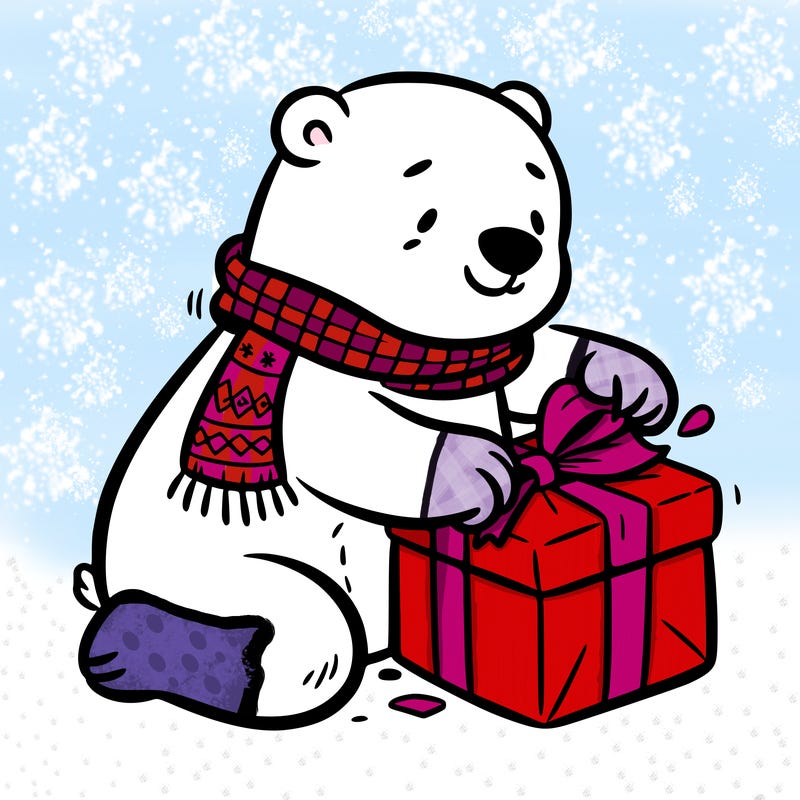 polar bear wrapping a present