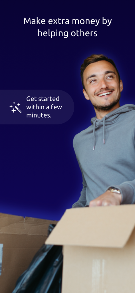 A smiling man carrying a cardboard box with text explaining how to make extra money as a helper