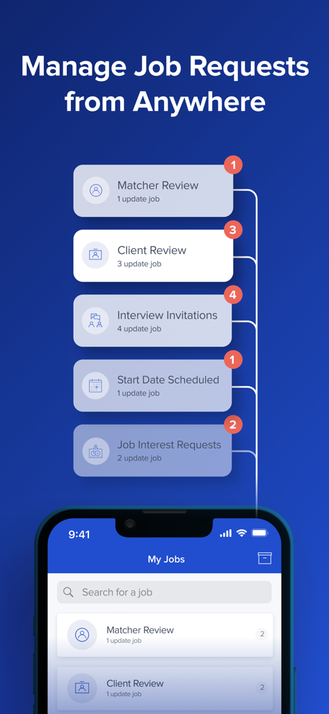 Interface do aplicativo Toptal Talent mostrando o rastreamento de solicitações de emprego e notificações.