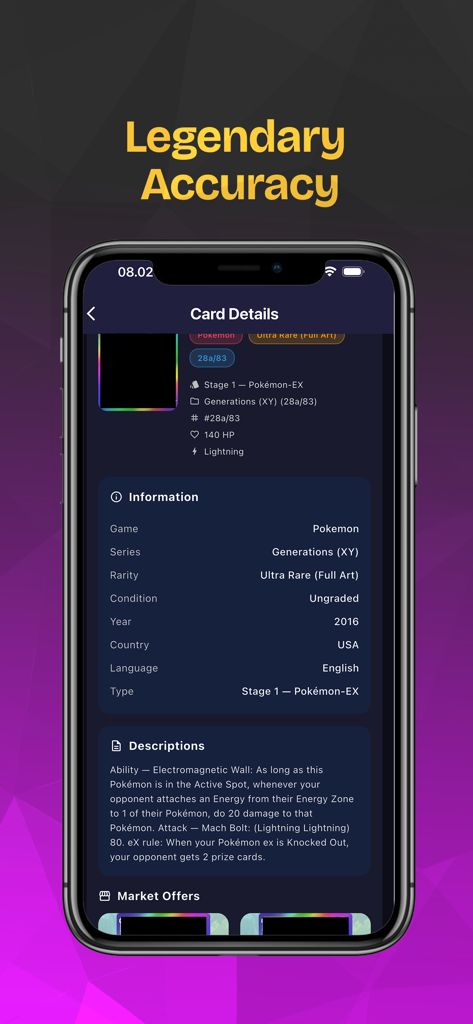 TCG Scanner & TCG Collector - A mobile screen showing detailed information for a scanned Pokemon card including rarity and series in the TCG Scanner app