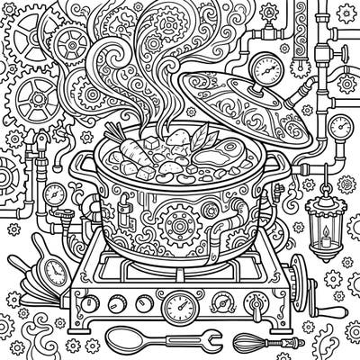 Explore a truly unique culinary masterpiece with our Steampunk Soups & Stews coloring page, blending hearty comfort food with intricate mechanical marvels. This detailed design offers a delightful challenge for colorists who love imaginative themes and elaborate patterns.