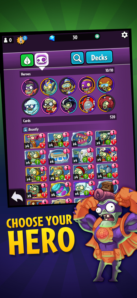 Zombie hero selection screen in Plants vs. Zombies Heroes showing various character icons and card collections