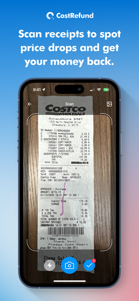 Smartphone scanning a Costco receipt with the CostRefund app to find price drops and get money back.