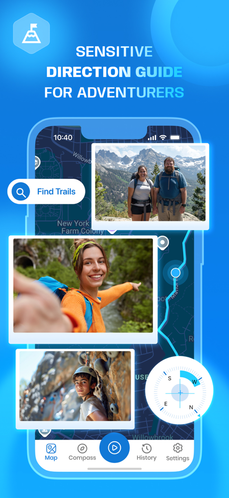 Altimeter Ultra: GPS & Compass - Screenshot of Altimeter Ultra app interface showing trail maps, navigation compass, and outdoor adventure photos including hiking and rock climbing.
