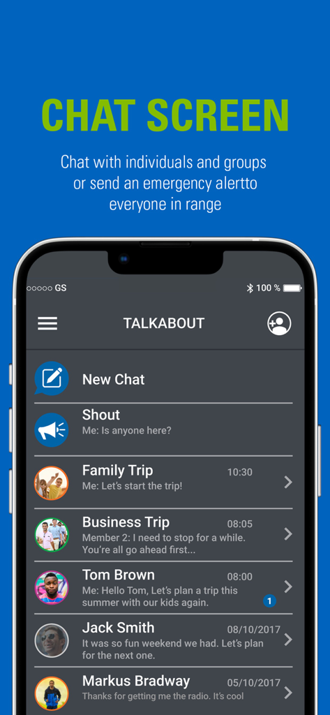 Motorola Talkabout app chat screen showing group and individual off-grid messages.