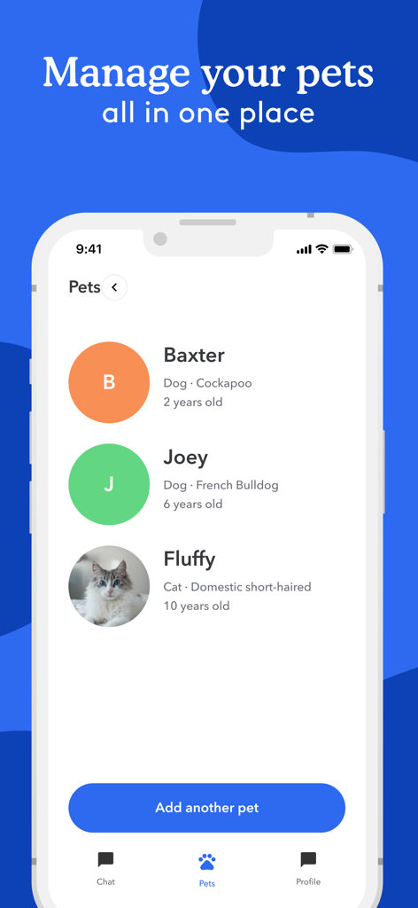 PetsApp - PetsApp interface showing a list of pets including dogs and a cat